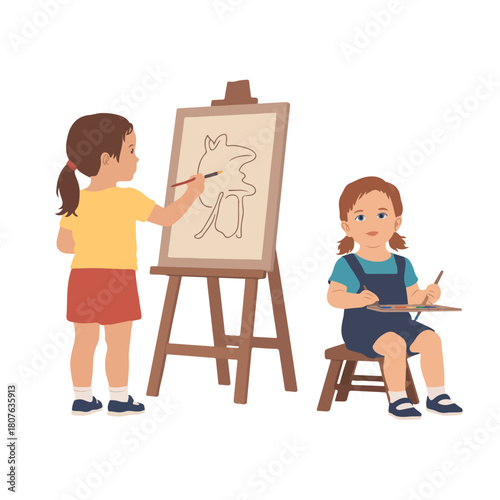 Two little girls are painting on easels isolated on