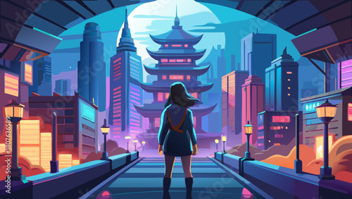 Time Warp cityscape with retro-futuristic harmony in bold vector lines and neon glow