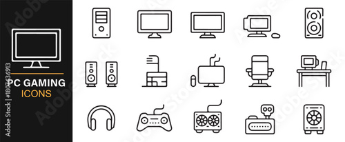 Clean Outline PC Gaming Icons Featuring Monitors, Gear, and Accessories