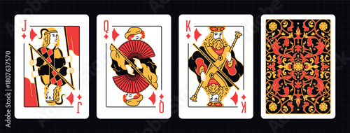 Vector illustration of a Diamonds suit card set: Jack, Queen, King, Ace, card back with ornate. Elegant and classic playing cards with decorative pattern for poker, casino, and entertainment projects.