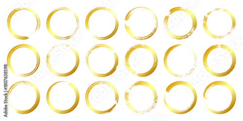 Golden grunge circles, brush strokes, lines, ink smudges, hand-drawn scribble shapes. Handmade sketchy marks, acrylic stains, charcoal streaks. Paint textures, dry brush effect. Vector illustration