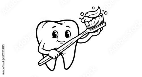 Adorable tooth character promotes dental hygiene with smile and toothbrush fun