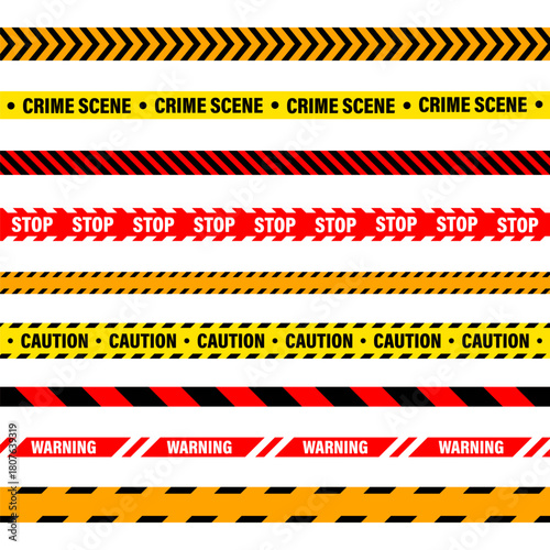 Barricade construction tape. Colorful police warning line, brightly colored danger or hazard stripe, ribbon. Restricted area, zone. Attention symbol. Vector illustration