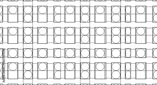 Geometric grid pattern with circles, squares, and rectangles in symmetrical alignment for abstract design and tessellation concepts.