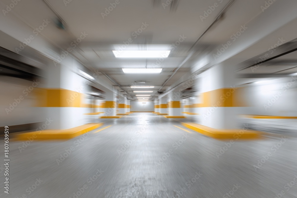 Obraz premium Empty underground parking garage with yellow markings and blurred perspective