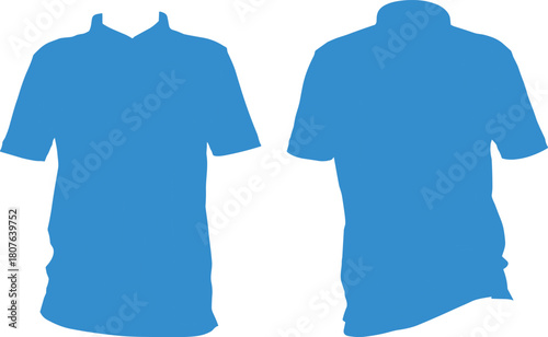 Front and back view of blue short-sleeve tunic shirt with collar, flat fashion sketch for apparel design presentation.