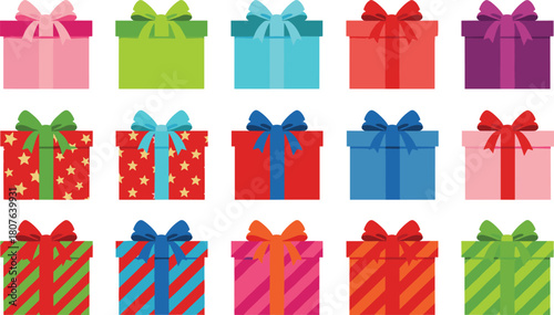 Sixteen colorful gift boxes with ribbons in grid layout, festive vector set for celebration, packaging, and holiday design themes.