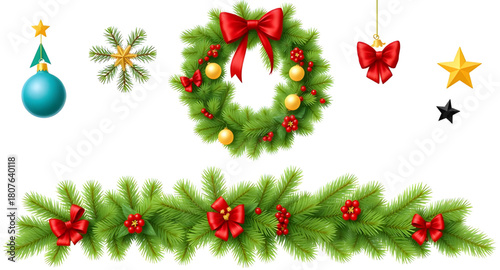 christmas, tree, elements, ornaments, baubles, lights, tinsel, garland, ribbon, bow, star, topper, pine, spruce, evergreen, festive, holiday, winter, snowy, sparkle, glitter, shiny, bright, colorful, 