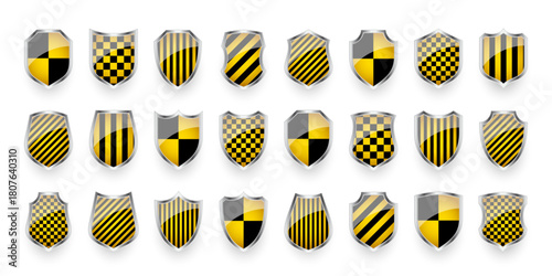 Glossy shields with yellow and black pattern. Security and protection concept. Cyber safety icons, internet privacy, web defense, digital data protection and antivirus themes. Vector illustration