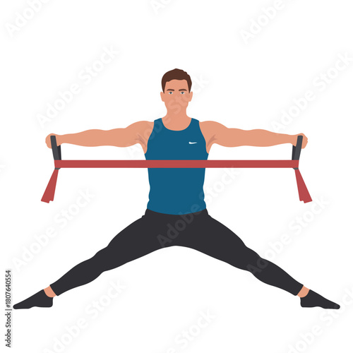 Man doing chest fly exercise with resistance band isolated on