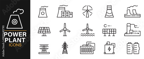 Simple Line Icons Showing Power Stations, Towers, and Energy Devices