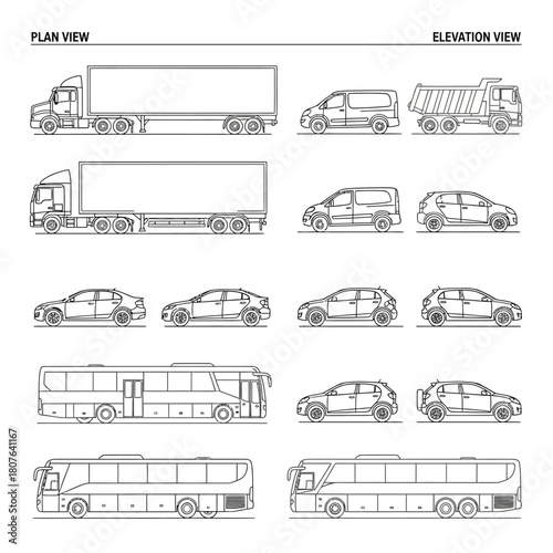 Vehicle Types in Plan and Elevation Views truck trailer