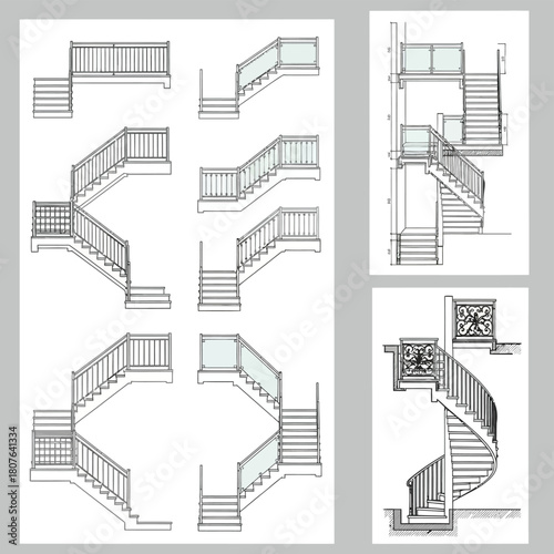 Architectural Drawings of Various Staircase Designs