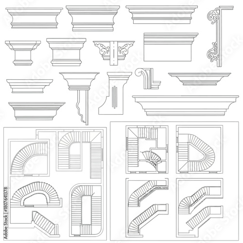 Architectural Elements and Staircase Designs in Line Art