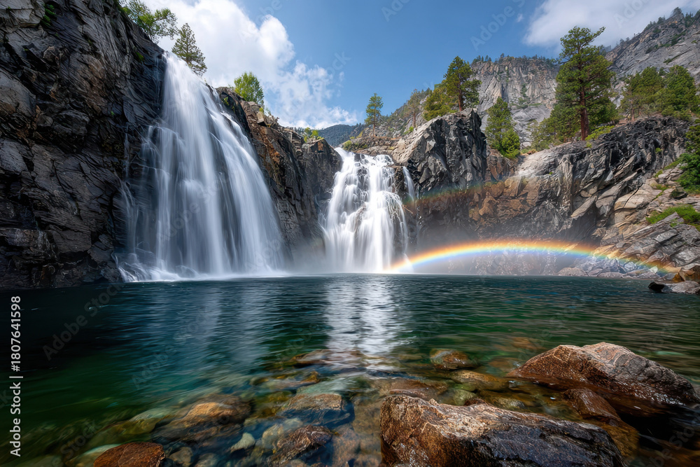 Obraz premium Rainbow Waterfall over Cliffs and into a Lake