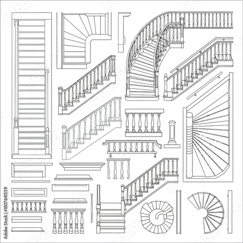 Architectural Staircase and Balustrade Design Elements Collection