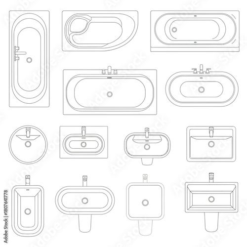 Assortment of Bathtub and Sink Line Drawings basin