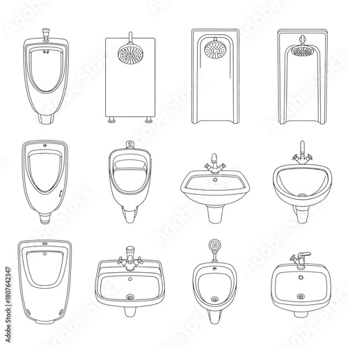 Collection of Bathroom Fixtures Line Drawings urinals