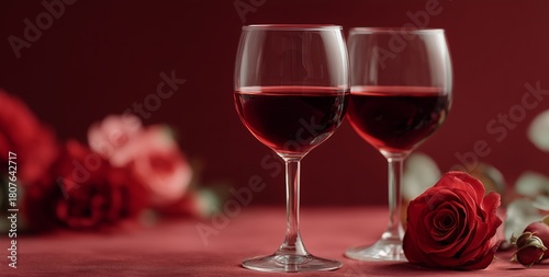 Romantic Setting With Red Wine and Roses for a Special Evening