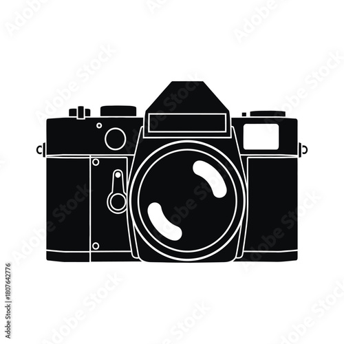 Detailed black and white illustration of a vintage singlelens reflex camera, isolated on, showcasing its classic design and mechanical features