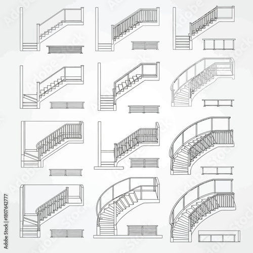 Detailed Staircase and Railing Illustrations vector