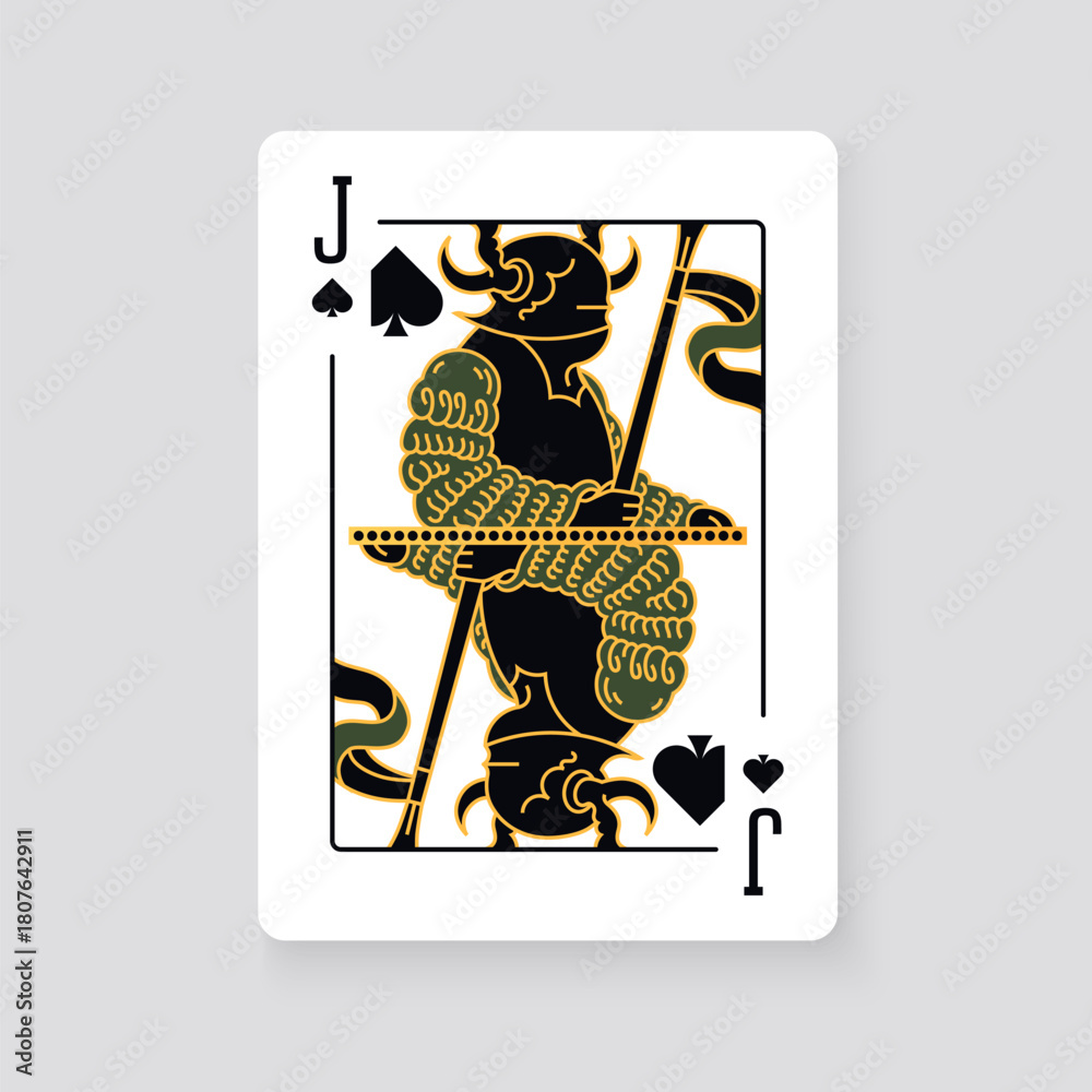 Fototapeta premium Vector illustration of the Jack of Spades playing card. Elegant and classic design symbolizing royalty, luck, and card games, perfect for casino and entertainment projects.