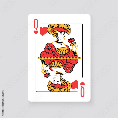 Vector illustration of the Queen of Hearts playing card. Elegant and classic design symbolizing royalty, luck, and card games, perfect for casino and entertainment projects.