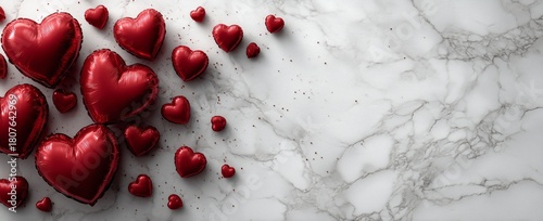 Red Hearts Scattered on a White Marble Background Create a Festive Decoration...