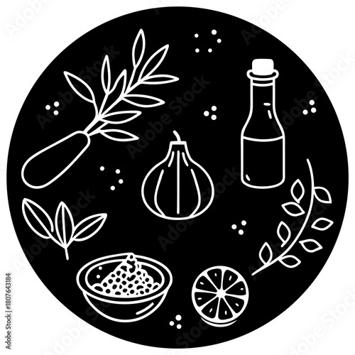 Olive oil bottle with vegetables and vinegar in a simple vector illustration