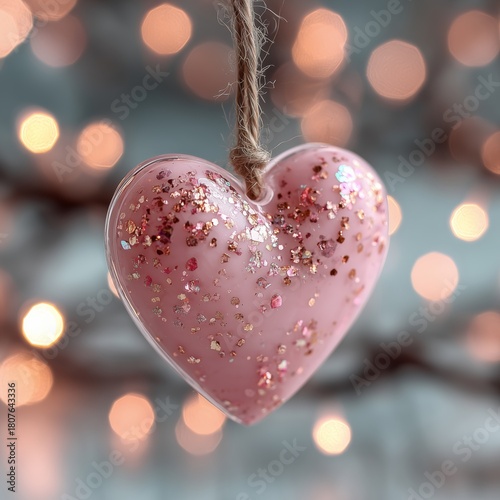 Heart-shaped Ornament With Glitter Hanging Among Festive Lights in a Cozy Set...