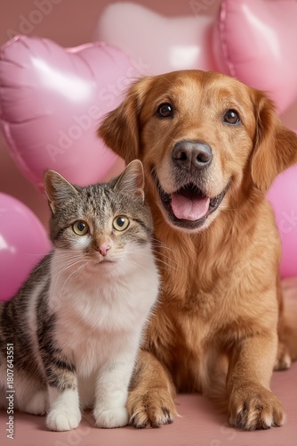 Animals Enjoy Playful Moments Surrounded by Heart Balloons in a Cozy Setting