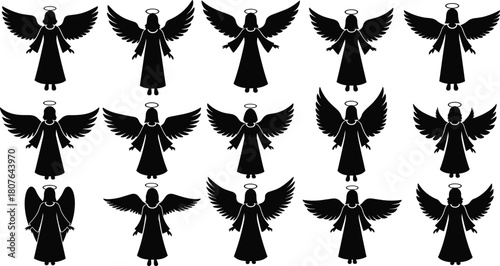 Angel silhouette vector set with halo, wings, robe variations for spiritual, religious, Christmas, and decorative design themes.