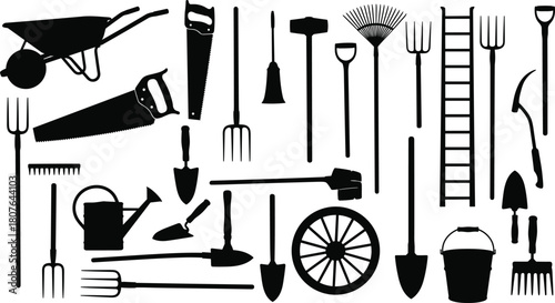 Gardening and farming tool silhouettes including shovel, rake, ladder, wheelbarrow, and scythe for agriculture and outdoor design themes.