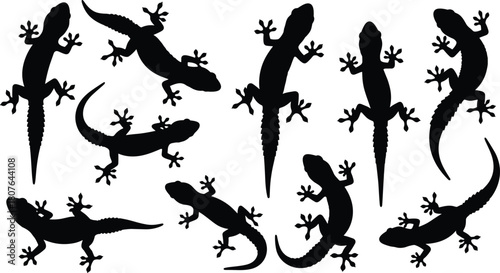 Gecko silhouette vector set with climbing, crawling, curved tail poses for reptile, wildlife, nature, and design themes.