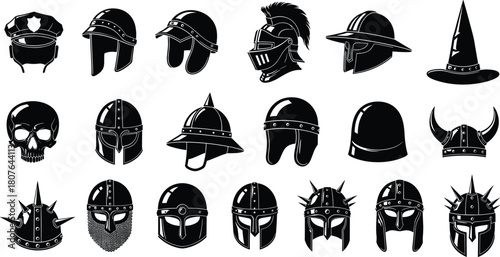 Helmet silhouette set featuring fantasy, medieval, modern, and historical styles for character design, costume, armor, and game concept art