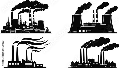 Industrial factory pollution vector set with smokestacks, cooling towers, smoke clouds, environmental impact, urban planning, black and white illustration