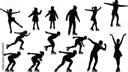 Ice Skater Silhouette Vector Set – Graceful and Athletic Poses for Winter Sports, Figure Skating, and Speed Skating Graphics