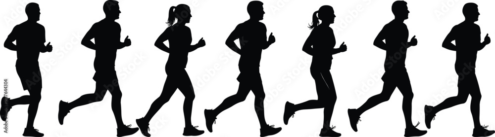 Obraz premium Running people silhouettes in dynamic motion poses, showcasing athletic stride stages for fitness, sports, and animation design themes.