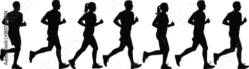 Running people silhouettes in dynamic motion poses, showcasing athletic stride stages for fitness, sports, and animation design themes.
