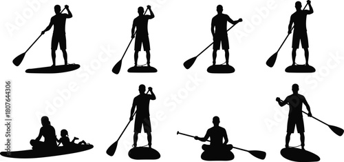 Set of 8 paddleboarding silhouettes showing diverse poses and activities for water sports, lifestyle, and vector design use.