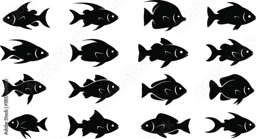 Set of 16 black fish silhouettes with unique fins, tails, and body shapes for aquatic vector design and education.