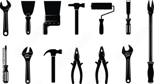 Silhouette hand tool icon set featuring construction, repair, and DIY equipment for hardware, maintenance, and industrial vector design