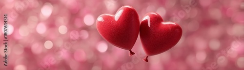 Red Heart Balloons Float Against a Soft Pink Background, Perfect for Celebrat...