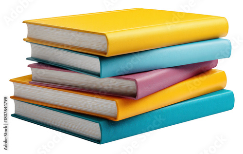 Bright stack of hardcover books with smooth covers and clean edges, minimal modern design, isolated on transparent, sharp detail