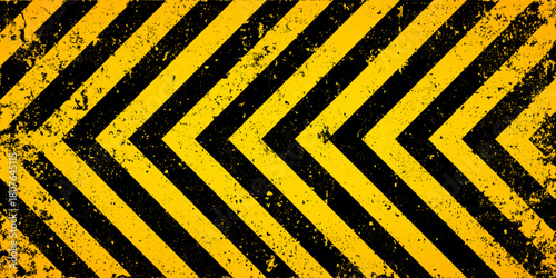 Warning sign with yellow and black diagonal lines. Attention, danger or caution symbol. Construction site signage, road safety notice, hazard banner, security alert shield. Vector illustration