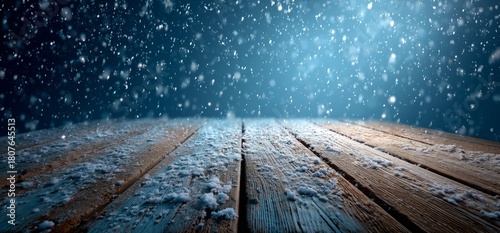 Snow Falls Softly on Wooden Deck During a Quiet Winter Evening