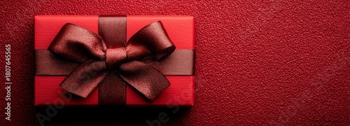 Gift Box With Brown Ribbon on a Textured Red Background Ready for Celebration
