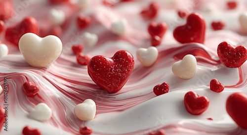 Colorful Hearts Scattered on Creamy Background for Festive Decoration and Cel...