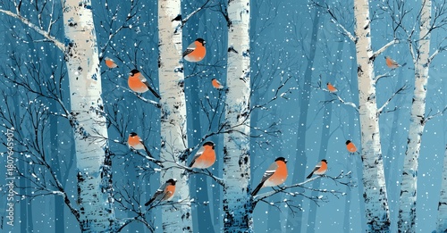 Snowy Forest Scene With Birds Perched on Birch Trees During Winter