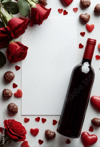 Romantic Dinner Setup With Red Wine, Chocolate, and Roses for a Special Occas...